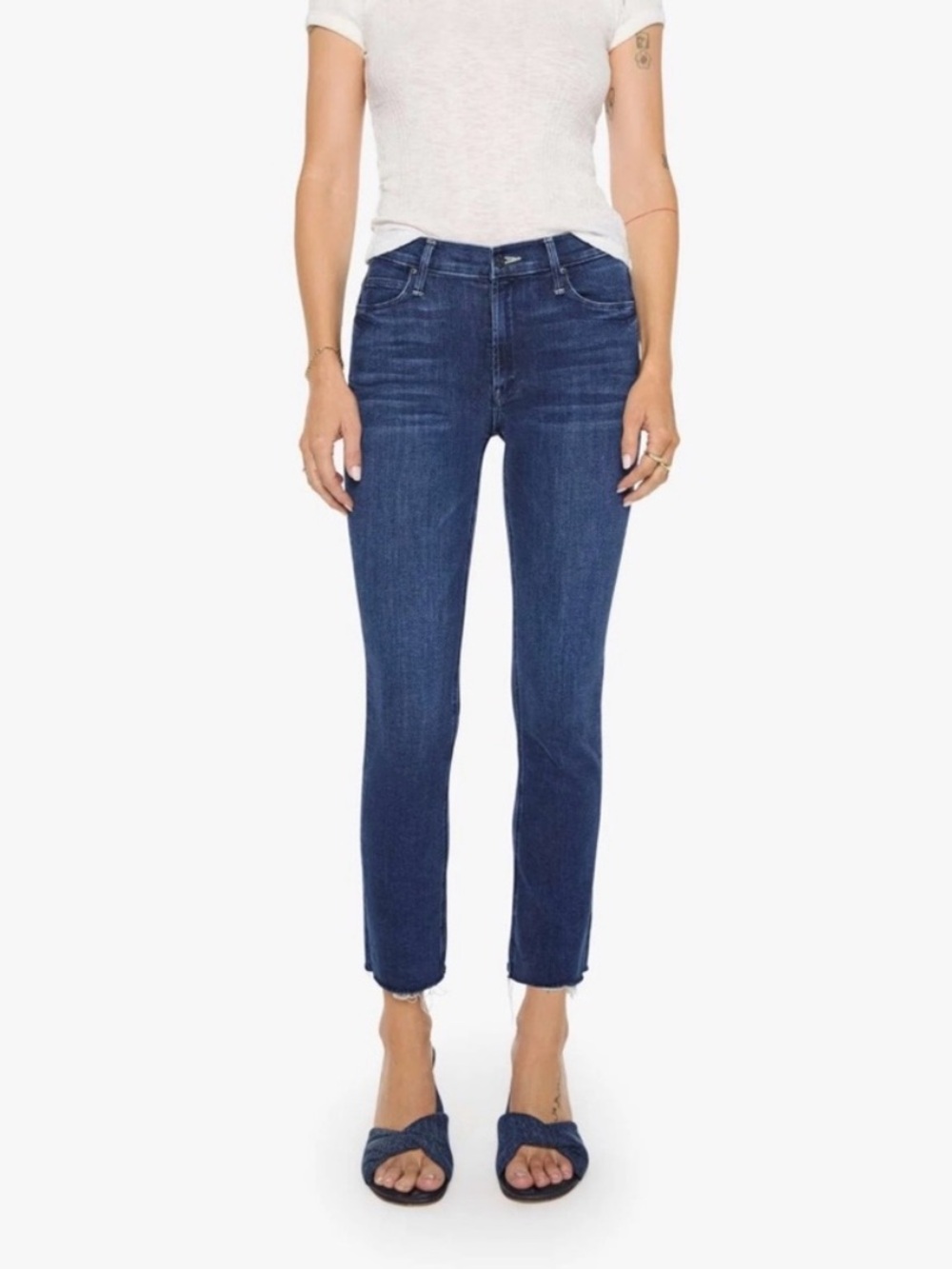 MOTHER Mid-Rise Dazzler Ankle Fray Jeans Dark Blue 27 Fancy Meeting You Here
